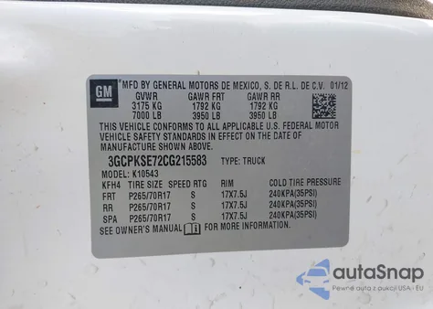 2012 Chevrolet Silverado 1500 Lt из США, поврежденный, VIN 3GCPKSE72CG215583